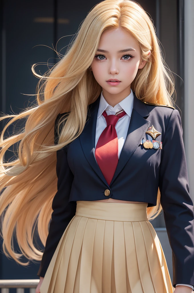 Create an image of a young woman of approximately 15 years old, with golden blonde hair with long strands that go down in an S shape, first of all/brown and eyes as golden as honey. She must be wearing a uniform (dark blue pleated jacket and skirt, white blouse underneath and red tie). (Marvel comics style)