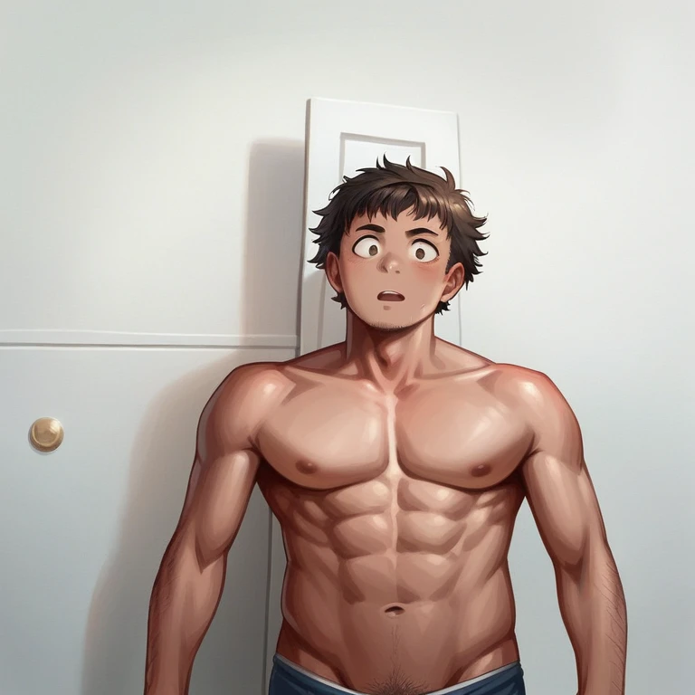 Shirtless Arafed man standing in front of a door, slim man with light tanned skin, Photo fit, half body shot, mean transformation, half body shot, half body shot, full upper body, bare chest, (38 years), Half body photo, in good physical shape, upper body shot, slightly muscular, wide shoulders