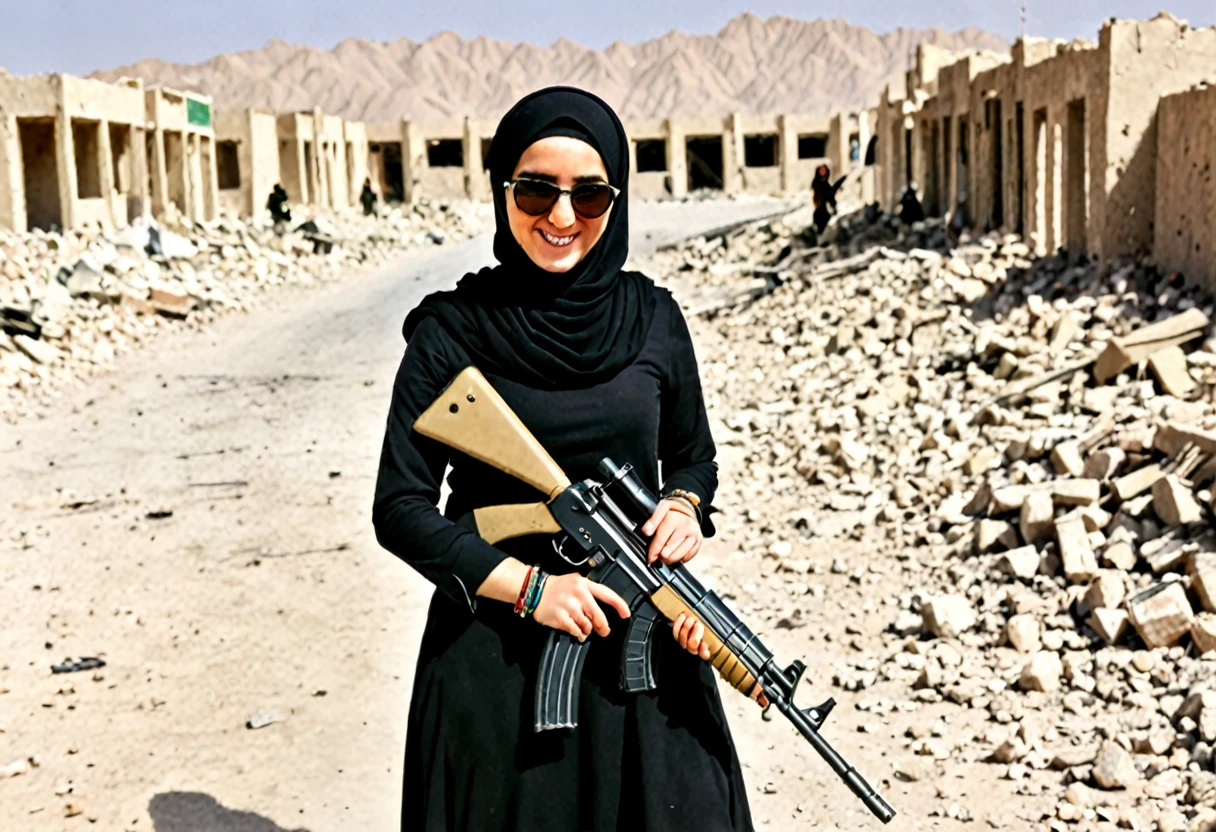 Pale skin Kurdish sunglasses woman in hijab standing in demolished street desert bracelet holding ak 47 rifle smiling