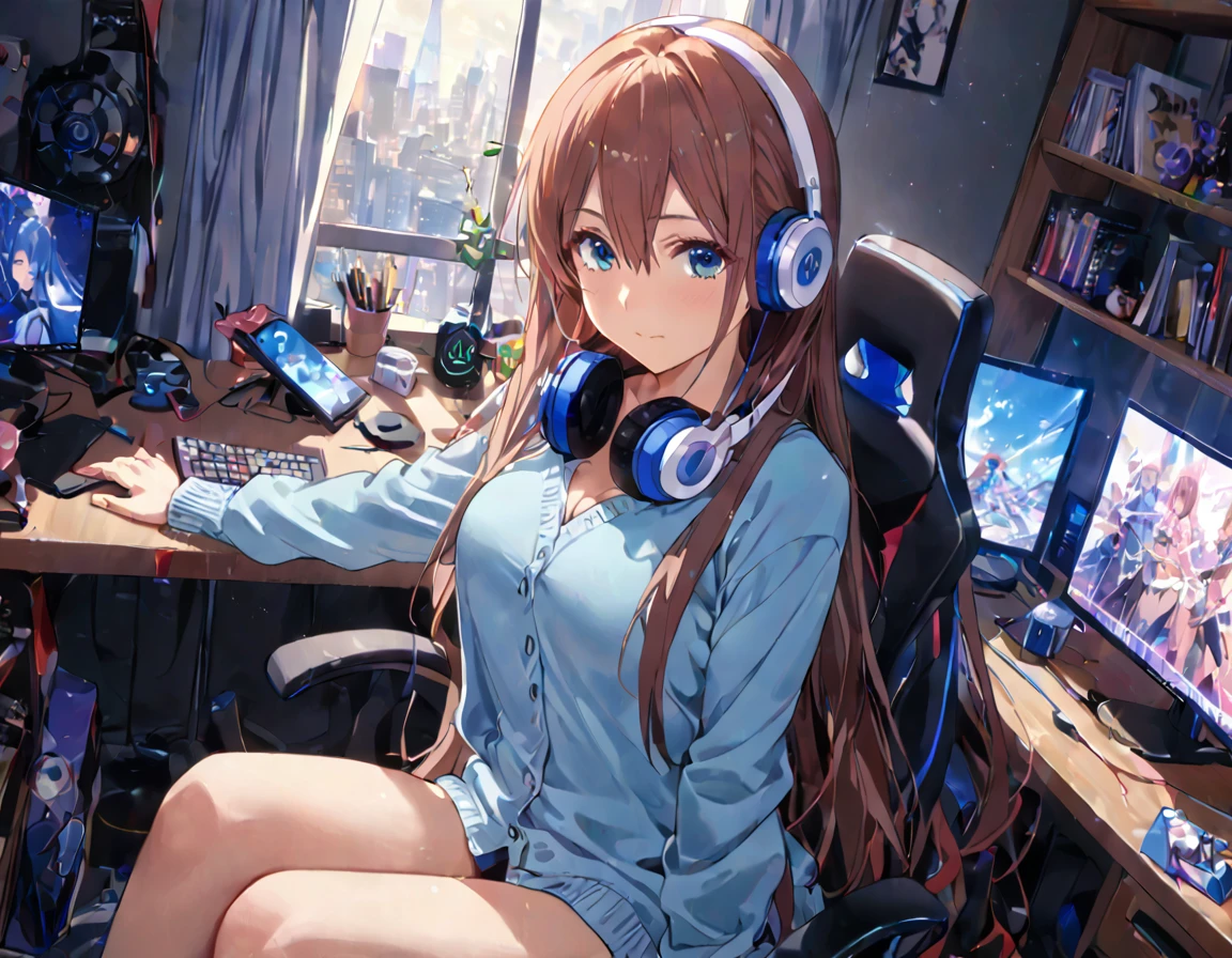 (A girl lounging in her bedroom), (a PC monitor turned on, a gaming chair), (a cluttered room), (fetal position), (perfect face), Sparkling, (masterpiece, best quality), (absurdres absolutely resolution), (8k), (detailed illustration), (super fine illustration), (professional lighting), (vivid color), detailed beatiful face, detailed beatiful eyes, detailed beatiful hair, perfect body, perfect hands, dynamic pose, dutch angle}, , looking at viewer, miku nakano, long hair, bangs, blue eyes, brown hair, shirt, hair between eyes, cardigan, headphones around neck, mature female, medium breasts