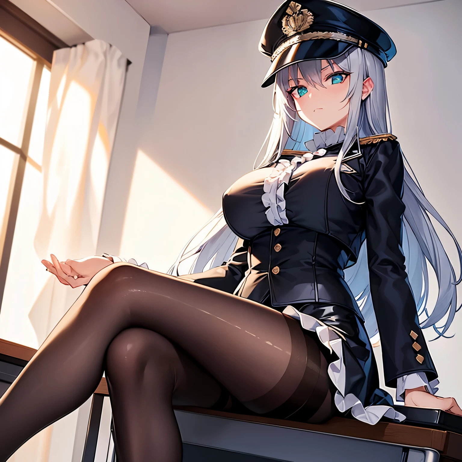 contemporary indoors hotel room,
1girl solo, cowboy shot dutch angle from below,
(crossed legs:1.1) (sitting on desk:1.3),
silver very long hair floating, (disgust:1.2), closed mouth, aqua eyes, shaded face,
(black open jacket:1.2) and (long black sleeves:1.3), (black pantyhose:1.2),
(military:1.1) high-waist miniskirt, peaked cap, epaulettes,
underbust huge breasts (frilled white blouse:1.2),