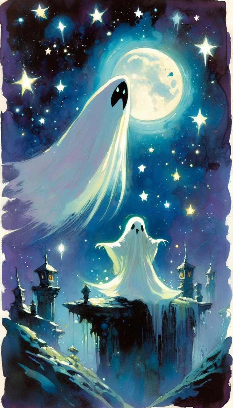 ghost,magic, fantastic, night sky, moon, stars, background (art inspired in Skottie Young and Bill Sienkiewicz). oil painting)