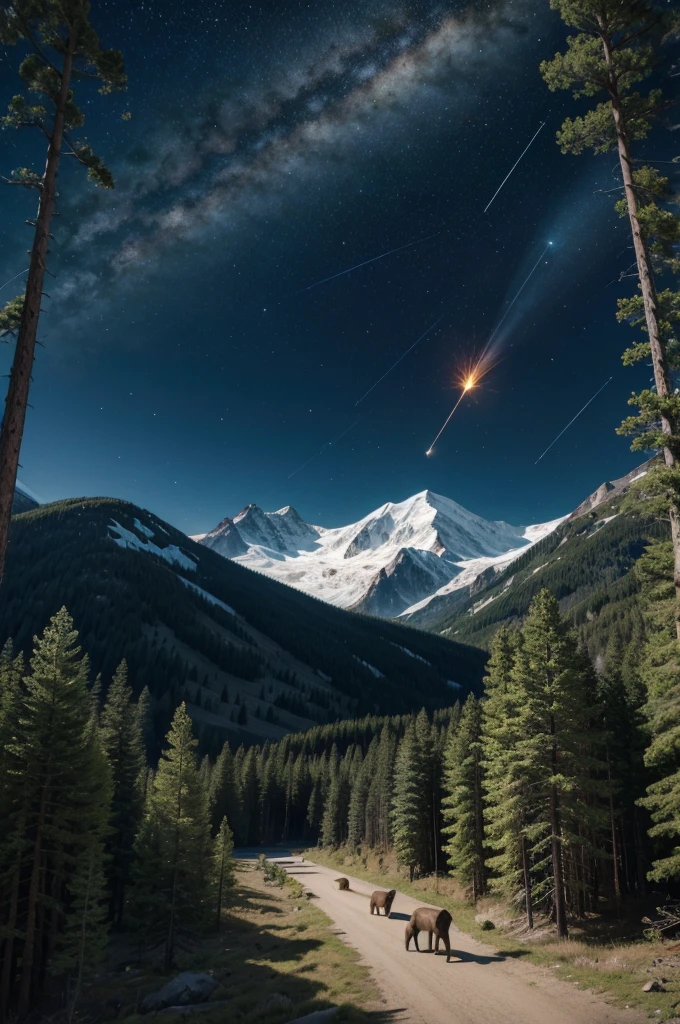 It makes a forest full of mountains and trees and flying animals and prehistoric carnivores and herbivores watching the meteor hitting
