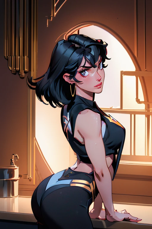 gray top (( sleeveless )) pantyrose (( black )) ( with the superman symbol on the ass ),( short black pixie style hair ), gold hoop earrings, dark skin with bikini lines, sweaty body, in an elegant room. 1 girl, sexy, , high qualiy, showing the ass, ultra detaild