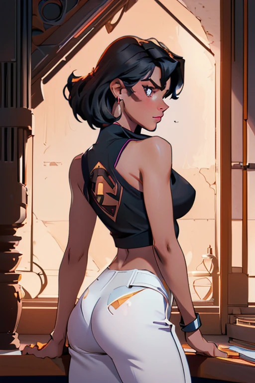 gray top (( sleeveless )) pantyrose (( black )) ( with the superman symbol on the ass ),( short black pixie style hair ), gold hoop earrings, dark skin with bikini lines, sweaty body, in an elegant room. 1 girl, sexy, , high qualiy, showing the ass, ultra detaild