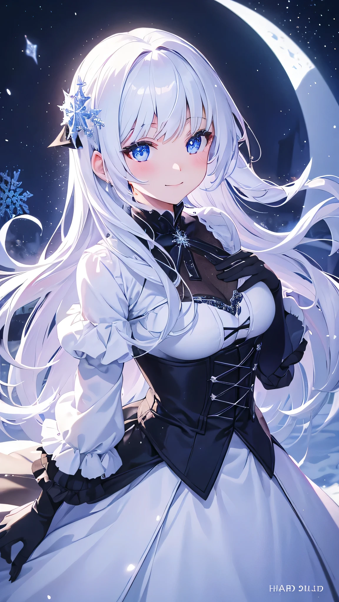 Snowflake themed artwork, ((Highest quality)), High resolution, 8K, Cinematic Light, High Contrast, Written boundary depth、smile、sharp、beautiful, Strong brilliance, Detailed Background, One Girl, cute, fine grain, Shining Eyes, Detailed Iris、 snowy moonlit night、gothic ta dress、