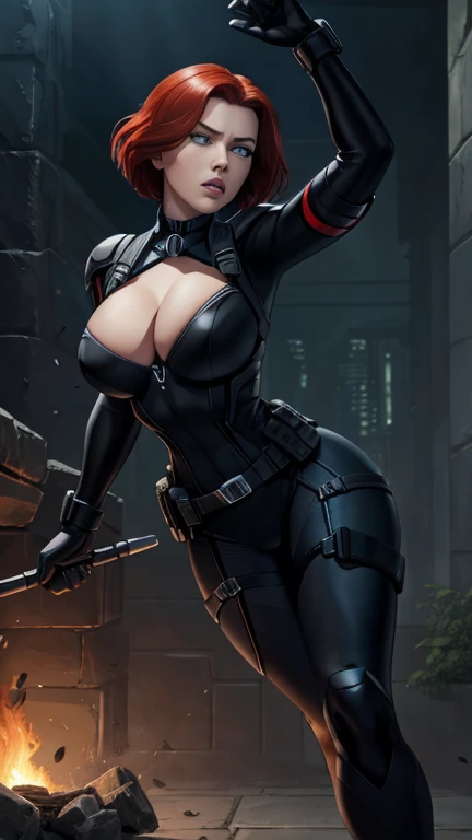 Scarlett Johansson as Black Widow, ((Masterpiece)); ((Natural Beauty)); ((Ultrarealistic green eyes)); both eyes are similar; ((Ultrarealistic fair white skin)); ((Ultrarealistic round boobs)); Deep Cleavage; ((Ultrarealistic red short classic bob haircut hairstyle)); ((Ultrarealistic round Asscheeks)); ((Ultrarealistic widow bite black gloves)); ((Ultrarealistic black widow utility belt)); black and red tactical vest; Bright Red stripe accents on the side of the suit; Short sleeve; looking at the viewer; Action Stance: With one leg extended behind and the other bent in front, Black Widow leans forward, her body parallel to the ground. One arm is stretched out in front, and the other is pulled back, ready to strike. Her short hair is swept back, revealing her focused expression.