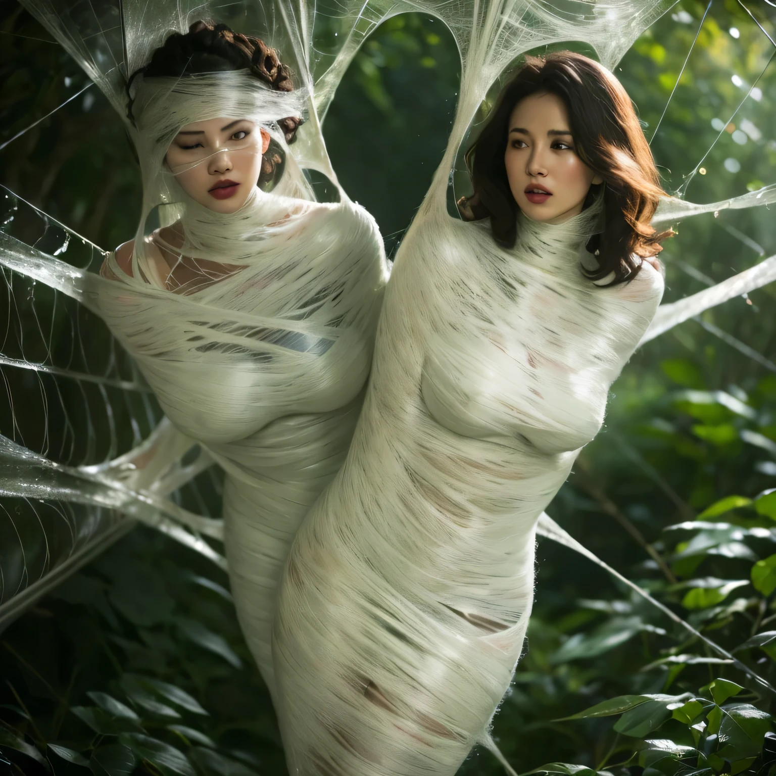 (best quality,4k,8k,highres,masterpiece:1.2),ultra-detailed,realistic,woman,fully cocooned body,wild curly hair,dark makeup,bright red lips,tight web bondage,black silk cocoon,struggling woman, entangled,desperate expression,
shadows,low key lighting,surreal atmosphere,soft focus,erotic art,visual tension,claustrophobic,feeling trapped,delicate silk threads,close-up view,detailed skin texture,dramatic pose,dynamic movement,subtle color tones,limited color scheme,dramatic contrast,emotional intensity,  big breasts