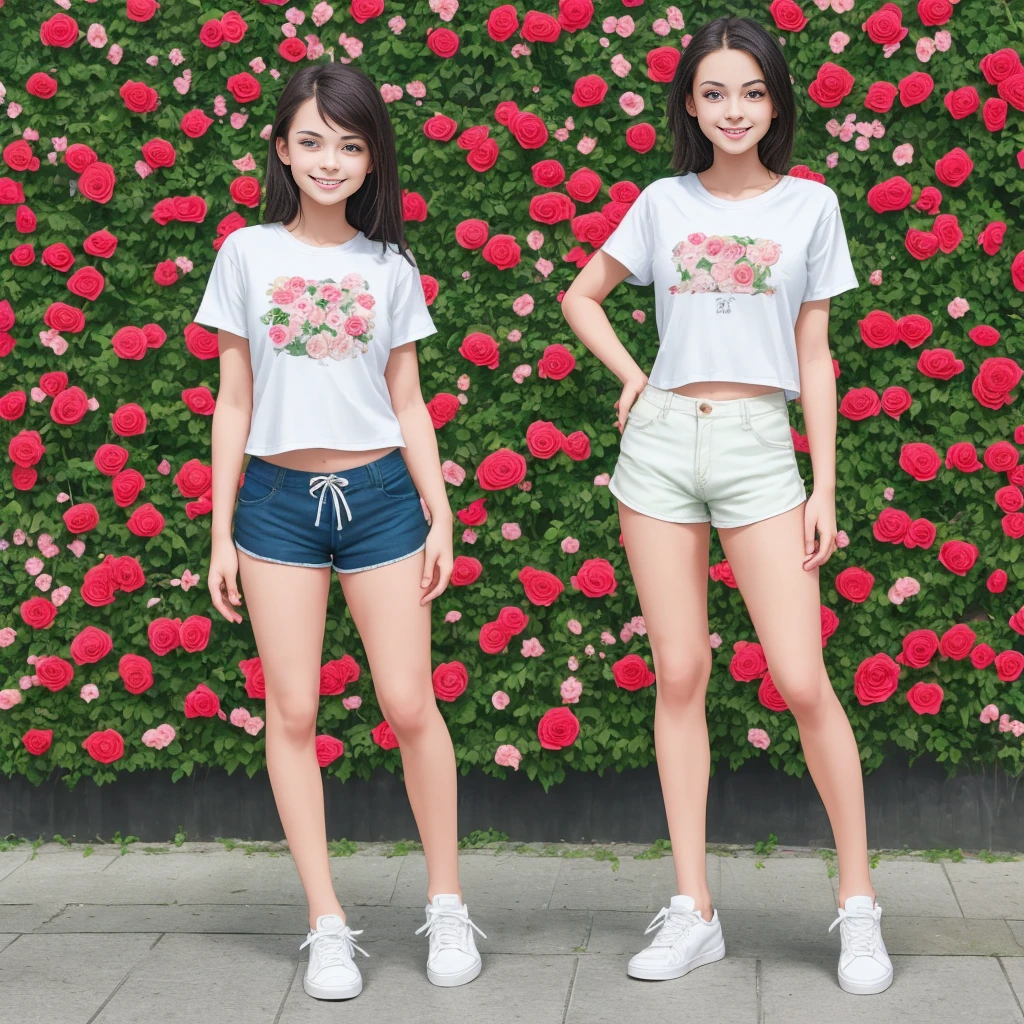 Masterpiece, a young beautiful girl, smiling, looking at the camera, standing in front of a clump of roses, wearing shorts and t-shirt, white sneakers. Wearing a top and shorts, flowers, full-body photo, casual pose, slender legs