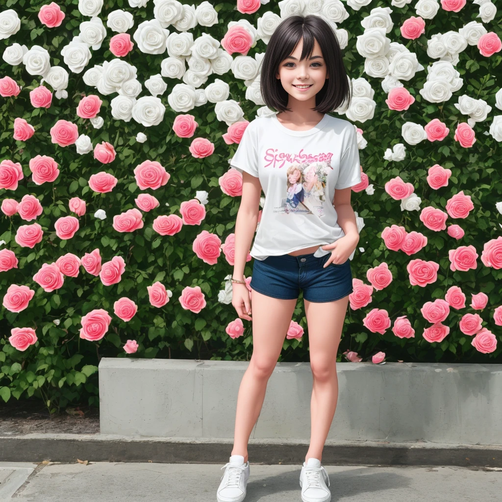 Masterpiece, a young beautiful girl, smiling, looking at the camera, standing in front of a clump of roses, wearing shorts and t-shirt, white sneakers. Wearing a top and shorts, flowers, full-body photo, casual pose, slender legs