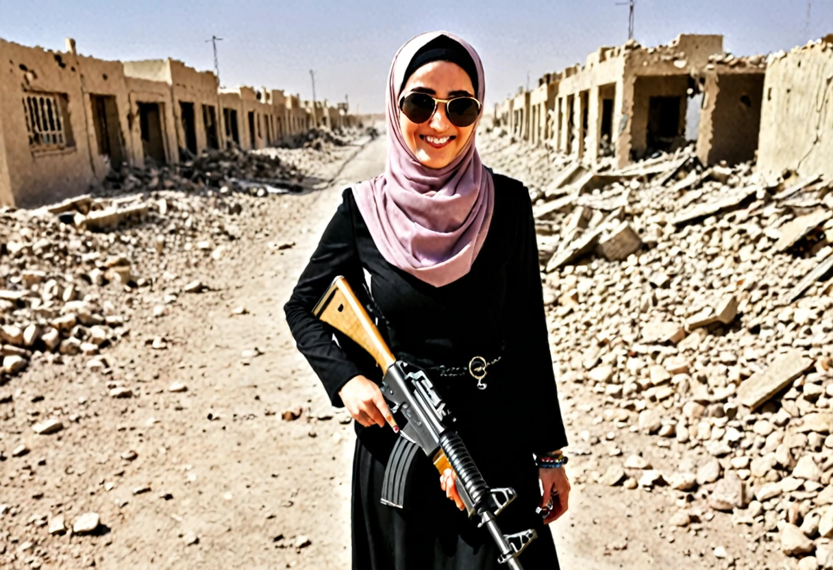 Pale skin Kurdish sunglasses woman in hijab standing in demolished street desert bracelet holding ak 47 rifle smiling