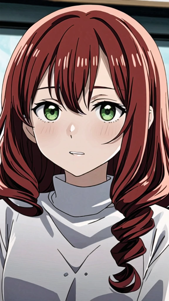 1 girl, red curly hair, with green eyes, manga version