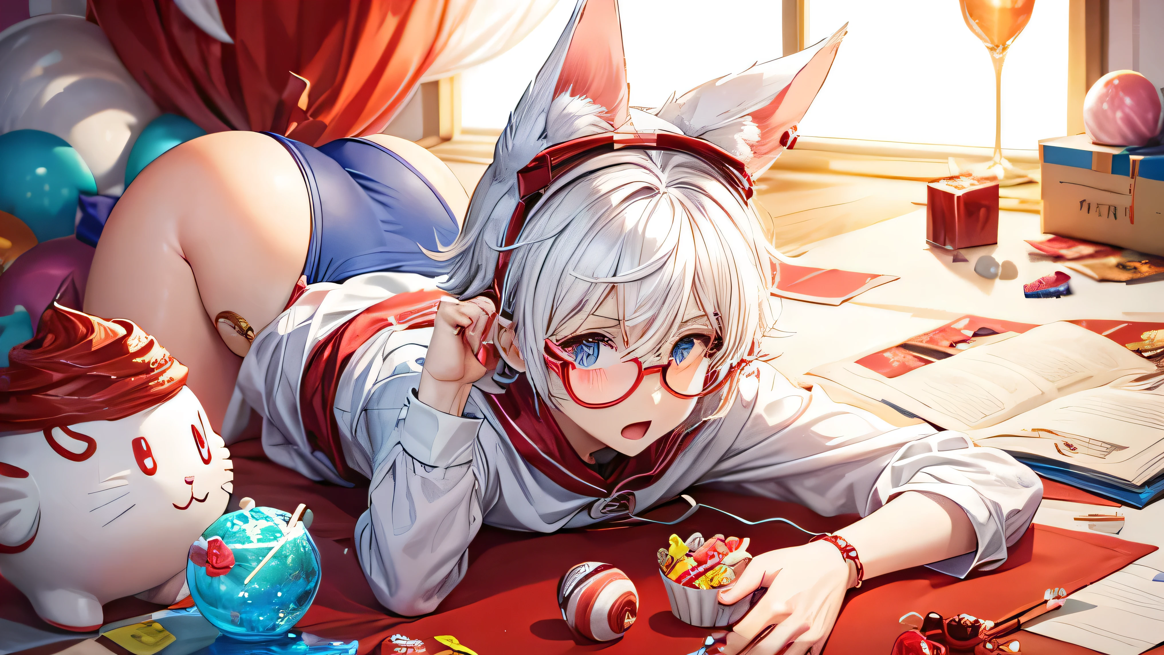 Anime boy with ears and round glasses in the form of white and red caramels, there are a lot of candies and sweets in the shape of cats around. Feeling, that everything is not real