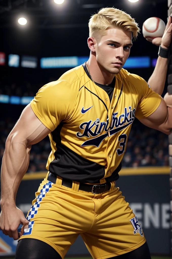 Extreme muscle, very strong, 25 year old man from Kentucky, short blonde hair, clean cut, baseball player, wearing black and yellow baseball jersey, in news studio