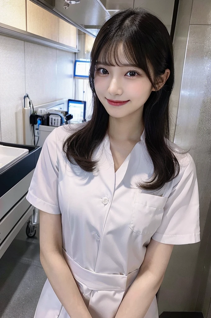 最high quality,Very detailed,finely,High resolution,8K壁紙,Perfect dynamic composition,Young Japanese Woman,Age 25, Black Hair, thin, 4K, 8K, high quality, beauty, smile, Beautiful Eyes, Characterized by simplicity, High resolution,1 person,Japanese Idols,Large Breasts,smile,smile,whole body,Drawn angle of view,nurse,nurse,hospital,siroi 