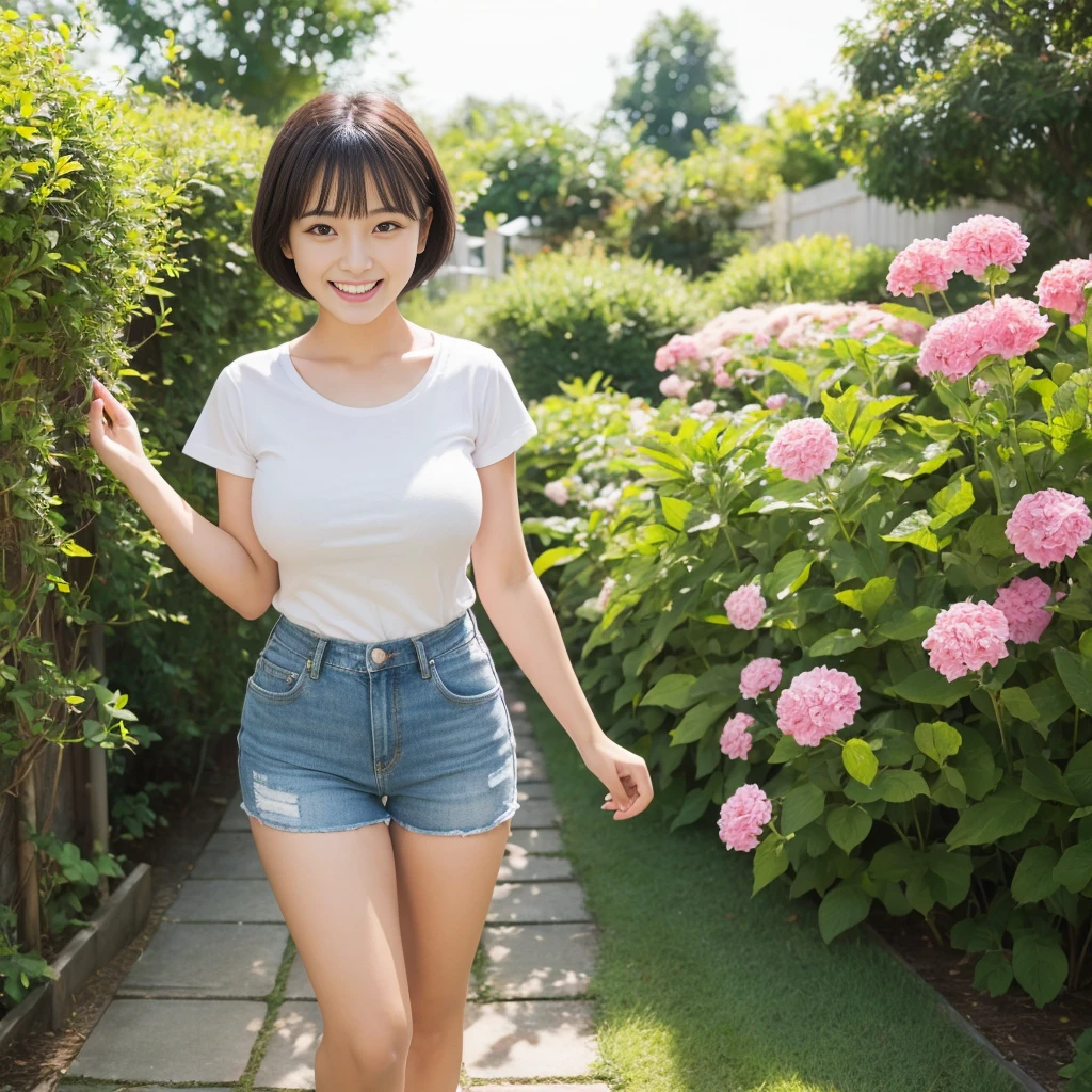 ((Highest quality)), ((masterpiece)), (be familiar with), Perfect Face, Japanese women,Big eyes and round face,Laugh out loud,Short Hair,Large breasts, White t-shirt and short jeans,whole body,garden,Morning light