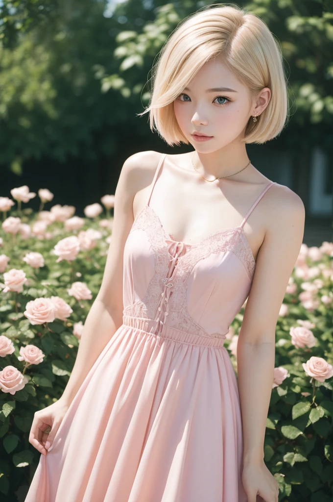 8K, CRU photo, Fujifilm, style photo of a beautiful young woman like Avril in a light pink rose garden (highly detailed skin: 1.2) Style-Petal BREAK short hair, blonde hair with colored highlights, wearing a dress, film grain, 35mm, cute style