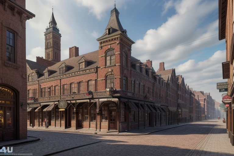 a provincial town in the 19th century, crossroads street, a bar, a hotel, (best quality,4k,8k,highres,masterpiece:1.2),ultra-detailed,(realistic,photorealistic,photo-realistic:1.37),detailed architecture, cobblestone streets, brick buildings, wood buildings, ornate facades, steam locomobiles