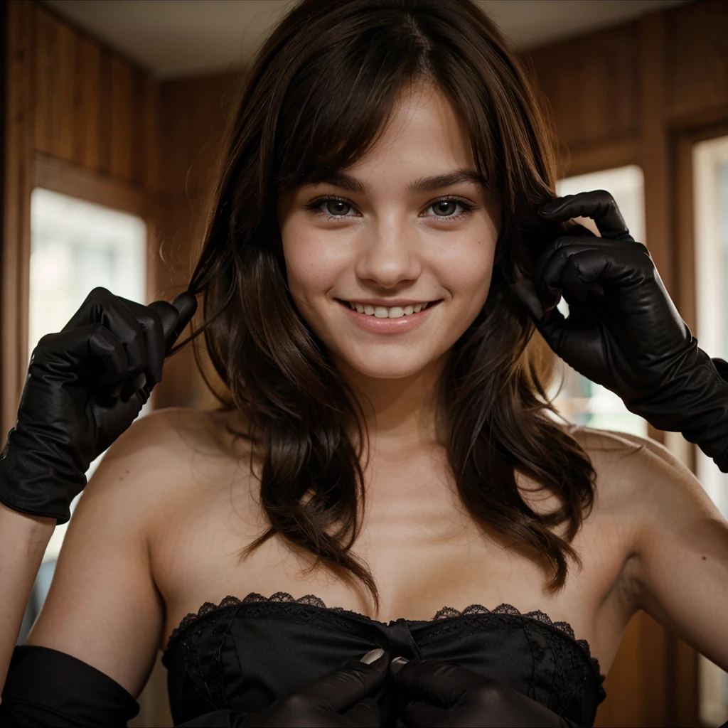 A young brown-haired ager, with an evil smile while wearing long black gloves
