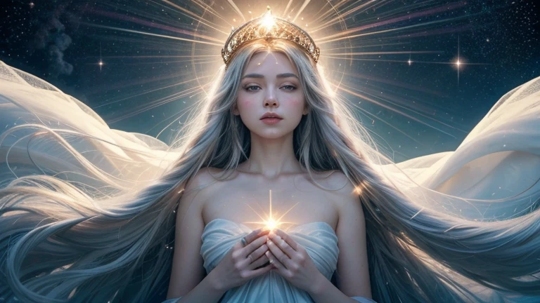 create a surrealistic image of Our Lady against the backdrop of celestially white and fluffy clouds intertwine forming a throne for Our Lady, with golden rays of sunlight emanating between them, creating a celestial halo effect. In the sky a deep and ethereal blue extends infinitely, sprinkled with twinkling stars that softly illuminate the scene. A halo of divine light radiates from our lady's body, illuminating everything around you with an intense golden glow. Our Lady is represented in a serene and majestic pose, with a gentle and compassionate smile on your lips. Your brown eyes overflow with love and wisdom, conveying peace, tranquility to those who contemplate it. He wears a sky blue cloak adorned with golden stars, symbol of divine royalty and maternal protection. A crown of heavenly light adorns his head enhancing his majesty and holiness.