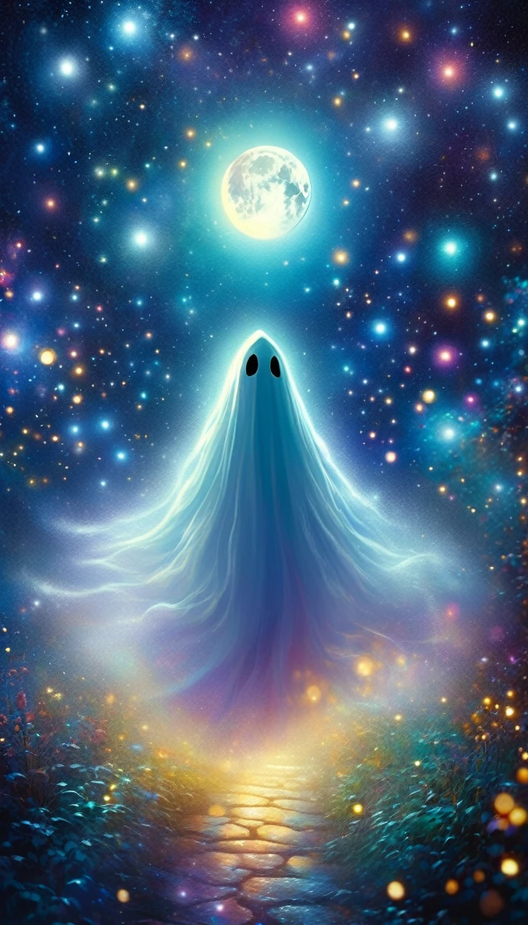 a ghost in a magical night sky, full moon, stars, oil painting, fantastic, (best quality,4k,8k,highres,masterpiece:1.2),ultra-detailed,(realistic,photorealistic,photo-realistic:1.37),HDR,UHM,studio lighting,ultra-fine painting,sharp focus,physically-based rendering,extreme detail description,professional,vivid colors,bokeh,inspired by Skottie Young and Bill Sienkiewicz