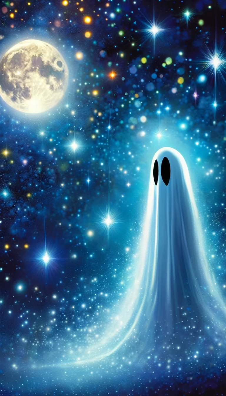 a ghost in a magical night sky, full moon, stars, oil painting, fantastic, (best quality,4k,8k,highres,masterpiece:1.2),ultra-detailed,(realistic,photorealistic,photo-realistic:1.37),HDR,UHM,studio lighting,ultra-fine painting,sharp focus,physically-based rendering,extreme detail description,professional,vivid colors,bokeh,inspired by Skottie Young and Bill Sienkiewicz