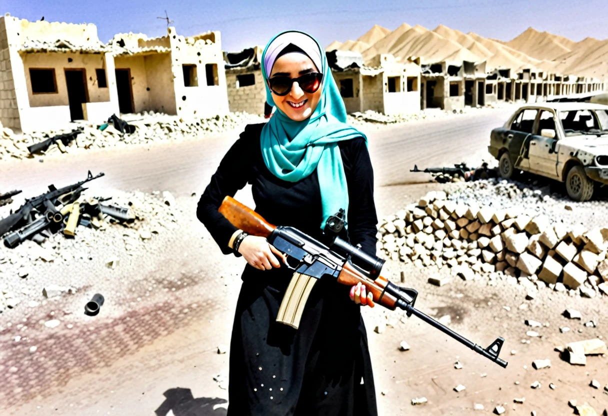 Pale skin Kurdish sunglasses woman in hijab standing in demolished street desert bracelet holding ak 47 rifle smiling