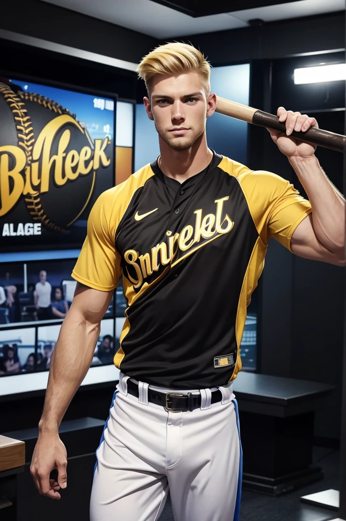 Extreme muscle, very tall, very strong, 25 year old man from Kentucky, short blonde hair, clean cut, baseball player, wearing black and yellow baseball jersey, in news studio