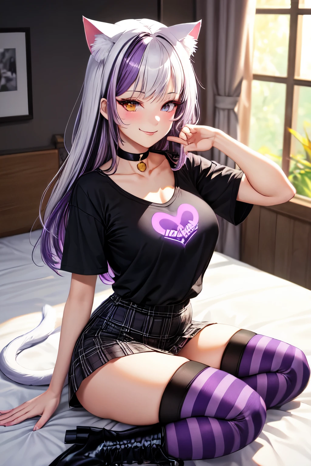 ((best quality)), ((masterpiece)), (detailed), perfect face, white hair with purple streak, white cat ears, white cat tail, DD cup breasts, thick thighs, glowing red eyes, smirking, purple eyeshadow, wearing black mascara, black choker with gold charm, black shirt sleeve t-shirt with purple hearts on the shirt, black and purple short plaid skirt, black thigh high stocking with white stripes, black platform boots