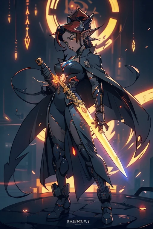 Niji mode. Full body, vampire elf wizard, secret agent, wearing a thin and elegant suit with glowing magic circuits, holding a long sword with glowing magic carvings and long handle, technological boot with glowing magic circuits, ruby eyes, dark red hair, orange skin , bright red tattoos, ruby piercings, looking at the viewer, detailed face. Atompunk, android, cyborg, mechanical parts with magic stones, magic glowing eyes, advanced technology mixed with magic, magic circuits, gears made of magic materials, developed by Technological Magic. Walking in the middle of a magical atompunk metropolis mixing technology and vegetation, particle effects, wide and deep scenery, with multiple planes of depth, cinematic and dynamic scene with a sense of movement, view of magical bright lights reflecting the scene, stylish pose, aura lights, glowing technological cables, epic atmosphere, magic tools, old anime style, Studio ghibli, metal hurlant, artbook, RPG fantasy.