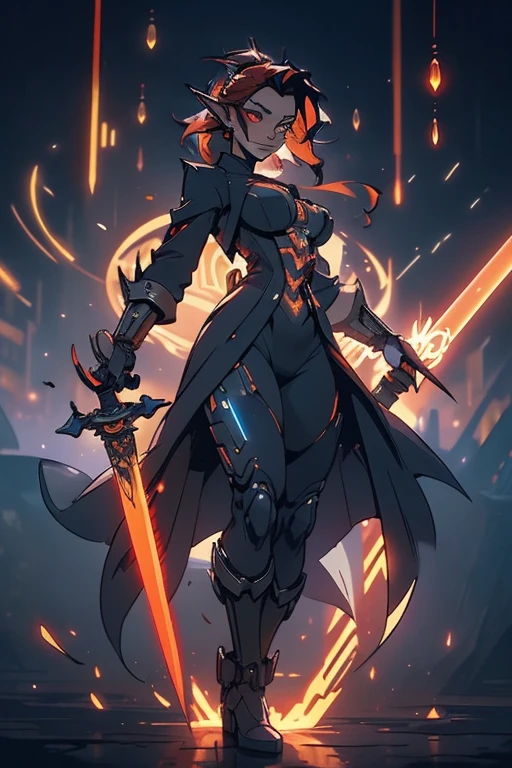 Niji mode.  Full body, vampire elf wizard, secret agent, wearing a thin and elegant suit with glowing magic circuits, holding a long sword with glowing magic carvings and long handle, technological boot with glowing magic circuits, ruby ​​eyes, dark red hair, orange skin , bright red tattoos, ruby ​​piercings, looking at the viewer, detailed face.  Atompunk, android, cyborg, mechanical parts with magic stones, magic glowing eyes, advanced technology mixed with magic, magic circuits, gears made of magic materials, developed by Technological Magic.  Walking in the middle of a magical atompunk metropolis mixing technology and vegetation, particle effects, wide and deep scenery, with multiple planes of depth, cinematic and dynamic scene with a sense of movement, view of magical bright lights reflecting the scene, stylish pose, aura lights, glowing technological cables, epic atmosphere, magic tools, old anime style, Studio ghibli, metal hurlant, artbook, RPG fantasy.