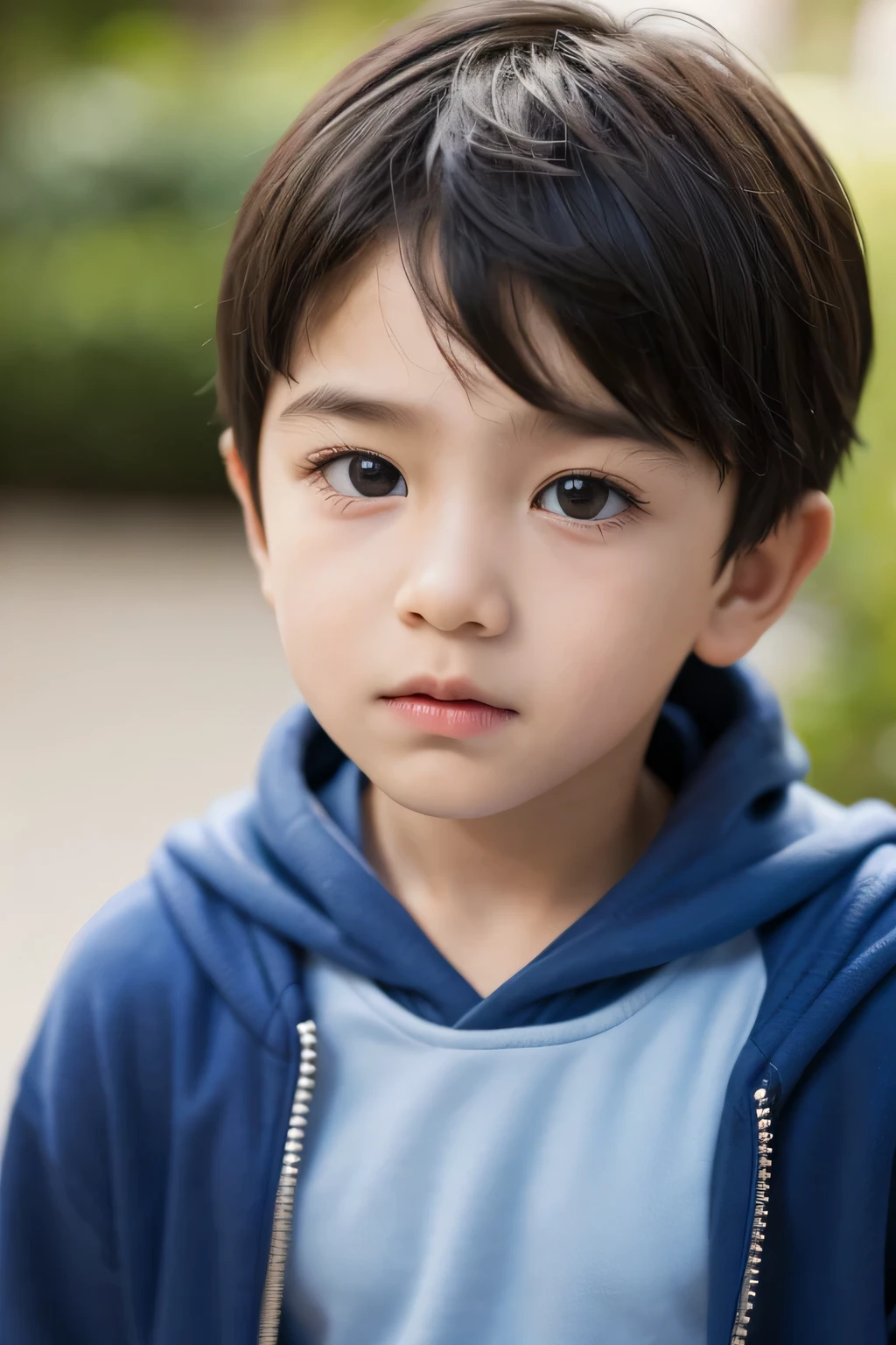 An arafed boy in a blue hoodie looking at the camera, at the garden, littleith neutral face, detailed portrait shot, portrait of 10 years oldit of 10 - year - old boy, halbody rait, ce - up portrait shot, enes dirig, realistic photo
