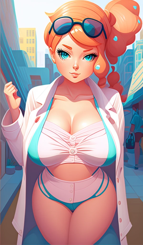 Sonia from pokemon, in a dynamic pose, turquois camisole, tight jeans, large breasts, long legs, cleavage, milf, sexy body, navel, designed by Gucci::3, tumblr, inspired by Yanjun Cheng style, digital art, meme lofi internet girl, trend in dezeen, catalog photo, 3 d render beeple, rhads and lois van baarle, cartoon style illustration, bright pastel colors, a beautiful art illustration, --ar 2:3 --q 2