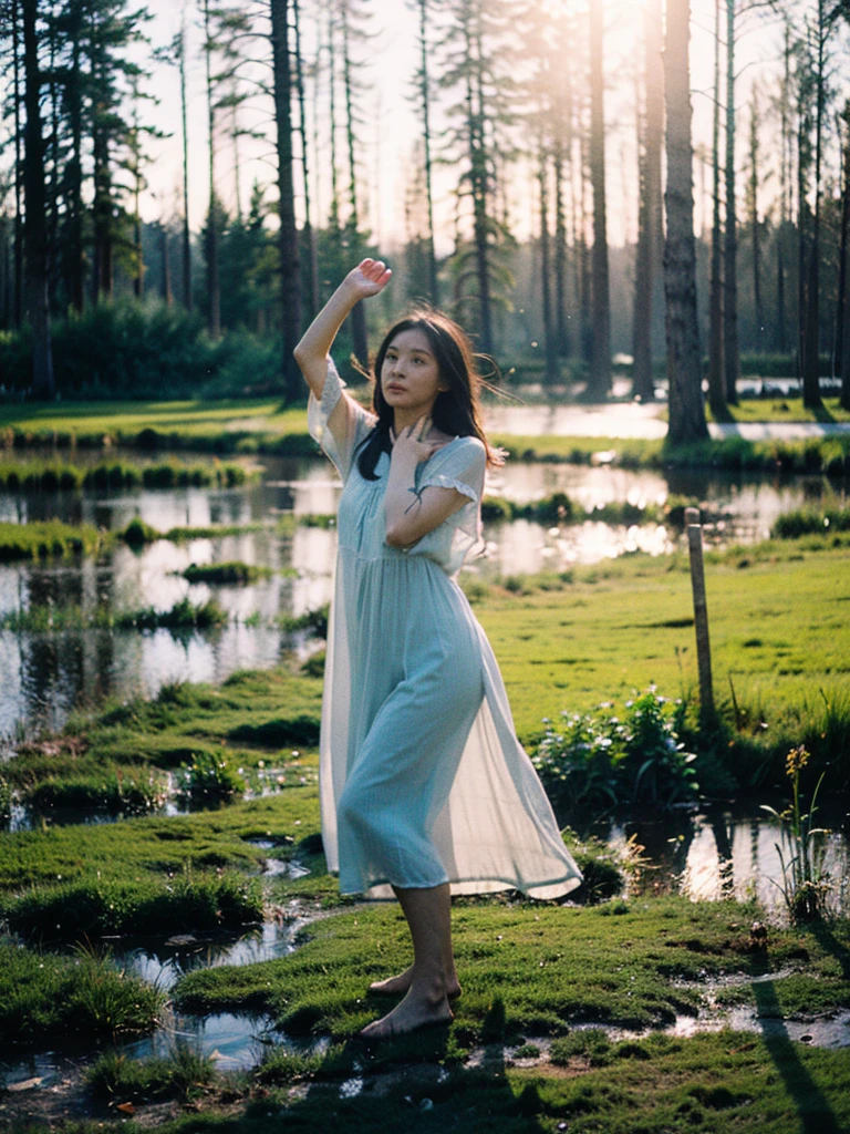 Best quality, ultra highly res, Realistic Fashion photography in the dark swamps, full body view from a young pretty uzbek women dancing between floating of leaves, soaking wet and submarged with water, wearing transparent nightdress, hair blowing in the wind, sunlight exposure, dynamic shadow on the face, cinematic lighting, proportional composition, perfect face and eyes, motion blur effect, cinematic aesthetics photography inspired by annie leibovitz