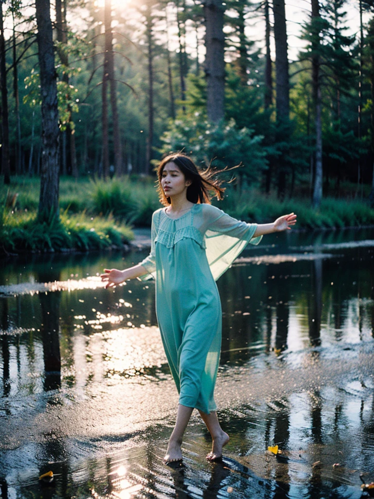 Best quality, ultra highly res, Realistic Fashion photography in the dark swamps, full body view from a young pretty uzbek women dancing between floating of leaves, soaking wet and submarged with water, wearing transparent nightdress, hair blowing in the wind, sunlight exposure, dynamic shadow on the face, cinematic lighting, proportional composition, perfect face and eyes, motion blur effect, cinematic aesthetics photography inspired by annie leibovitz