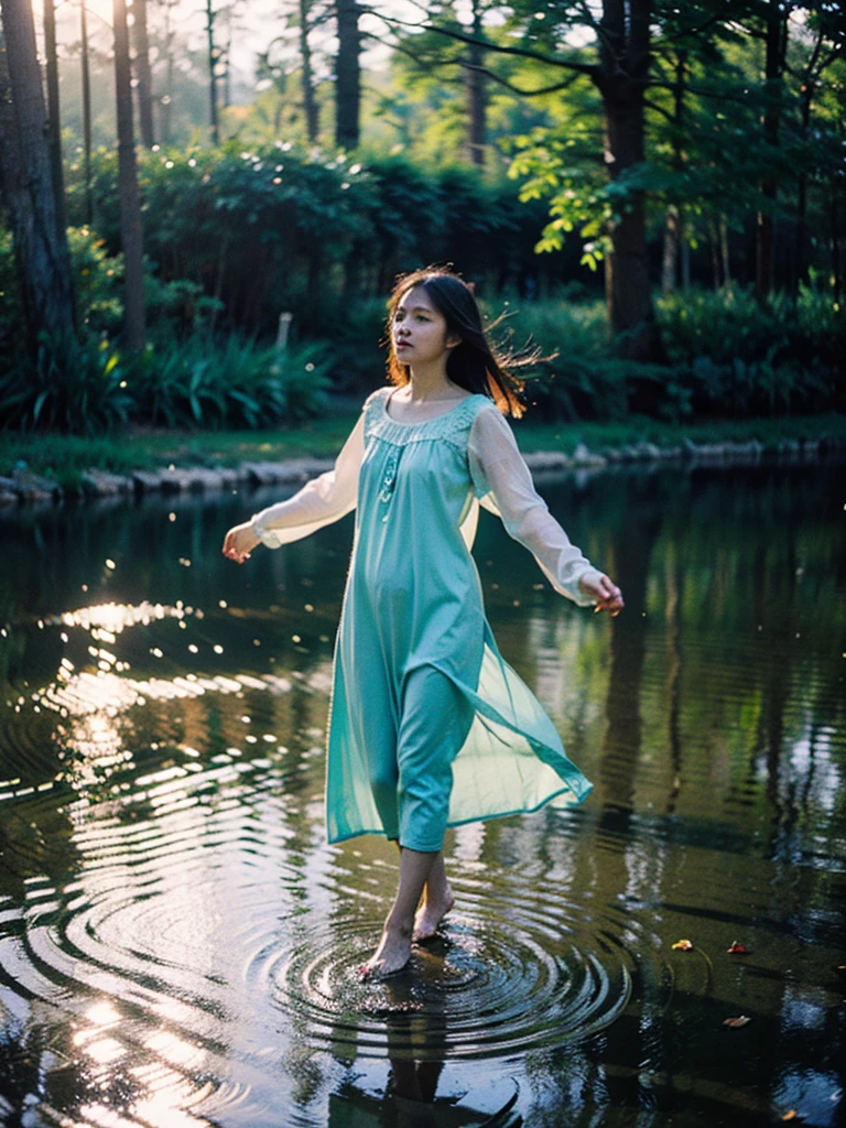 Best quality, ultra highly res, Realistic Fashion photography in the dark swamps, full body view from a young pretty uzbek women dancing between floating of leaves, soaking wet and submarged with water, wearing transparent nightdress, hair blowing in the wind, sunlight exposure, dynamic shadow on the face, cinematic lighting, proportional composition, perfect face and eyes, motion blur effect, cinematic aesthetics photography inspired by annie leibovitz