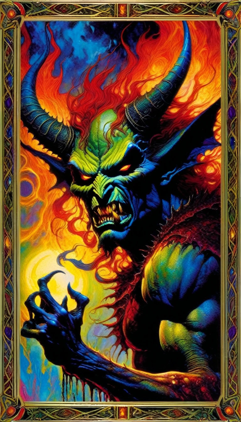 ((tarot card)) THE DEMON ((card frame)), , work by Simon Bisley, vivid colors, intricate details, oil.
