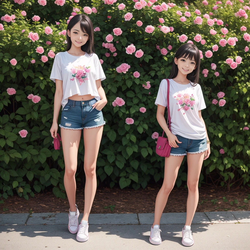 Masterpiece, a young beautiful girl, smiling, looking at the camera, standing in front of a clump of roses, wearing shorts and t-shirt, white sneakers. Wearing a top and shorts, flowers, full-body photo, casual pose, slender legs