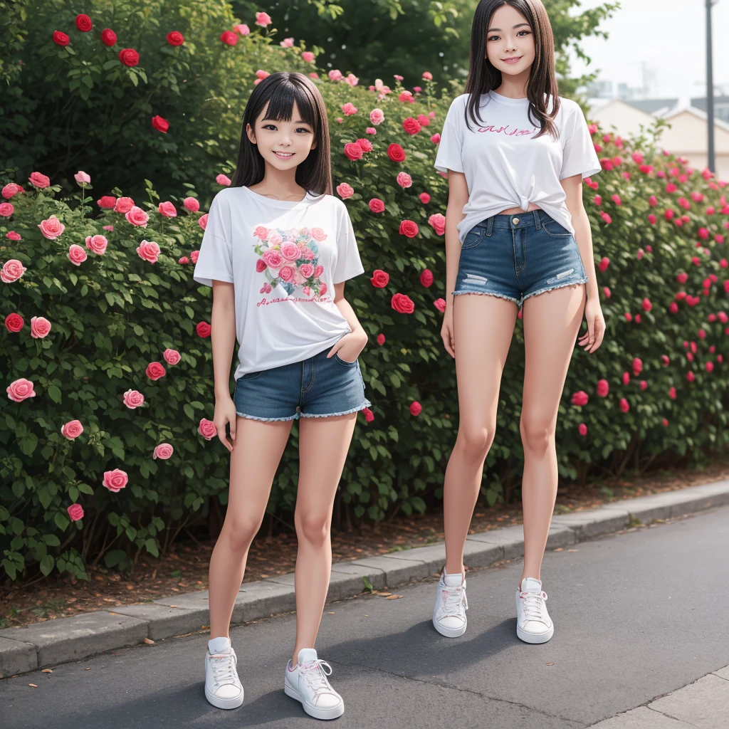 Masterpiece, a young beautiful girl, smiling, looking at the camera, standing in front of a clump of roses, wearing shorts and t-shirt, white sneakers. Wearing a top and shorts, flowers, full-body photo, casual pose, slender legs