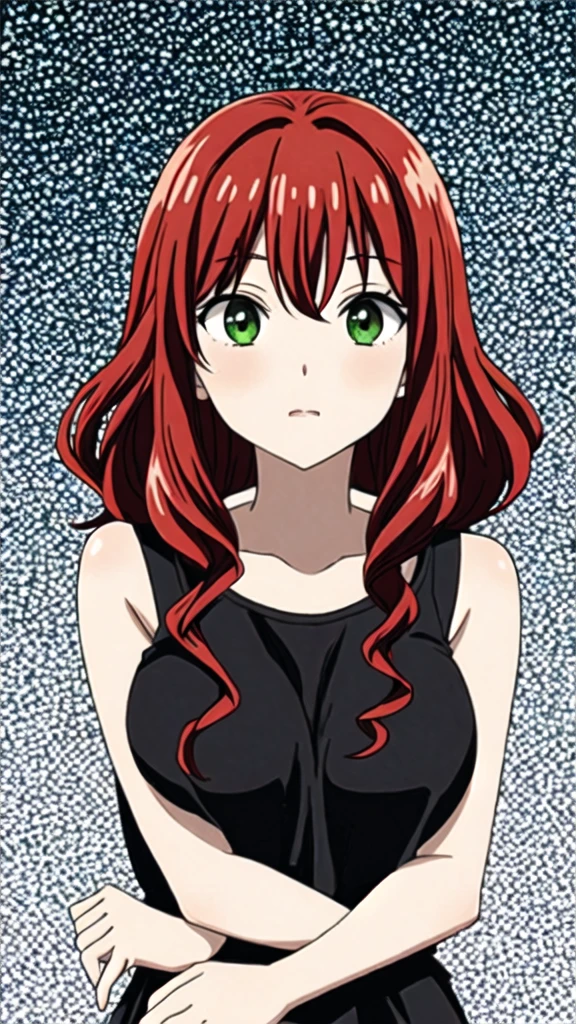 1 girl, red curly hair, with green eyes, manga version anime black and white