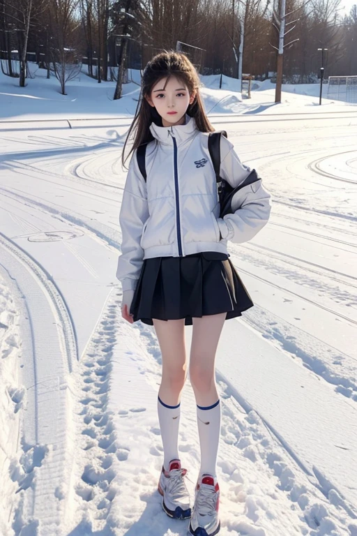 very skinny beautiful girl,16 years old,height 167cm,Weight 39kg,Waist 52 cm,wear uniform,mini skirt,white sports socks,running shoes,To the vest line,My legs are very thin,Your skin is very white,outdoor,snow day