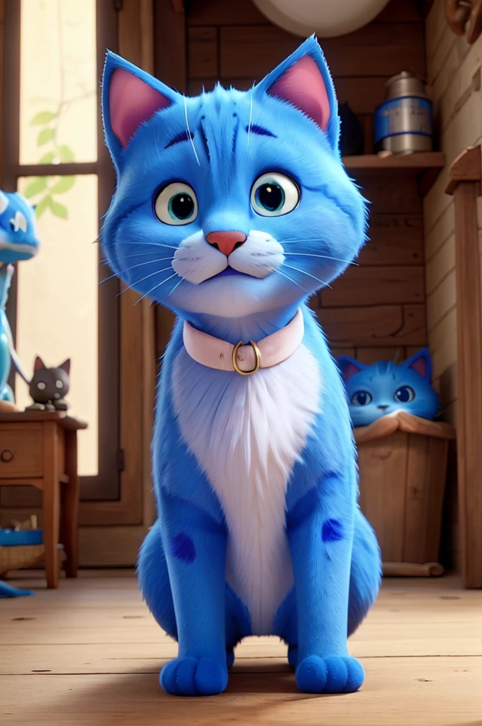 Make a film about a blue cat who was born without a cat's nose and whiskers, with chubby cheeks and an alligator's nose.