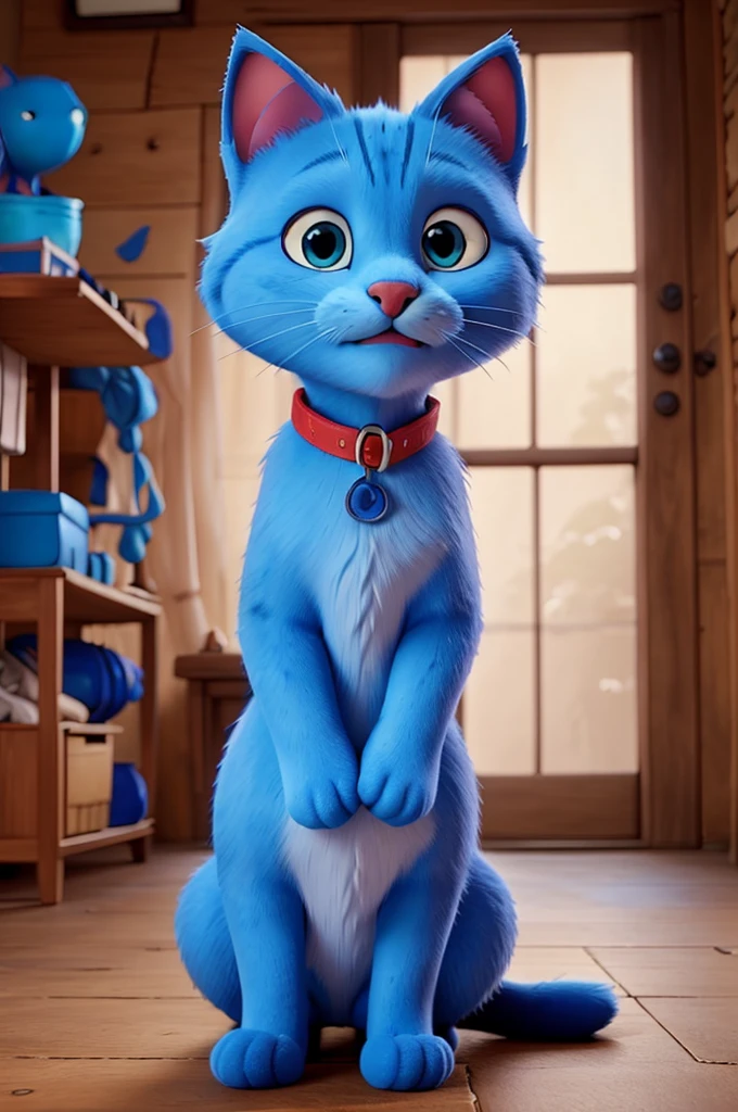 Make a film about a blue cat who was born without a cat's nose and whiskers, with chubby cheeks and an alligator's nose.