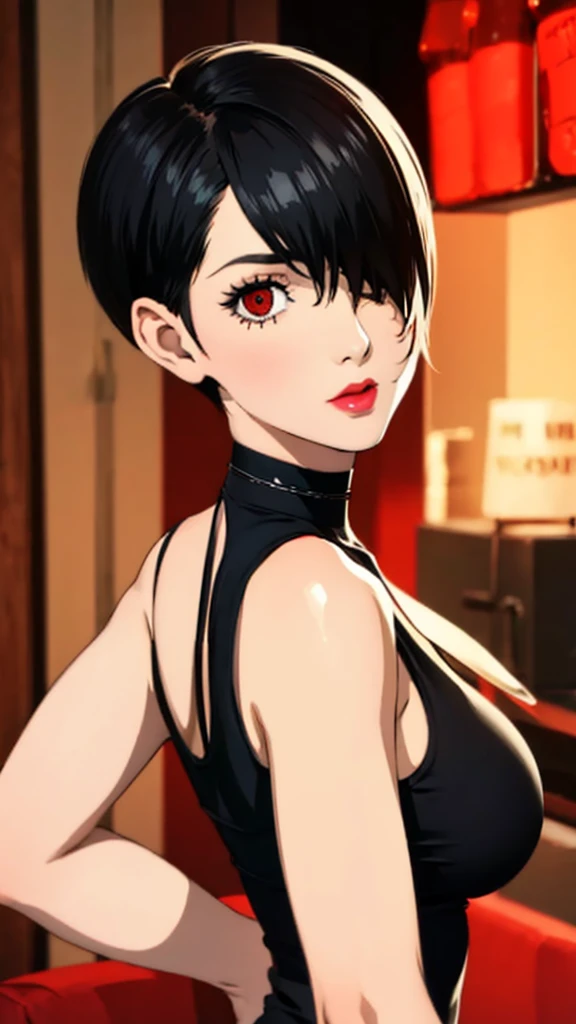 masterpiece， best quality， 1 girl， black hair color hair， very short hair， Pixie cut， Mullen Mullen， medium breasts， messy hair， night， looking at the audience， Face turned red， necklace，The sling slips，Expose the upper half of the chest