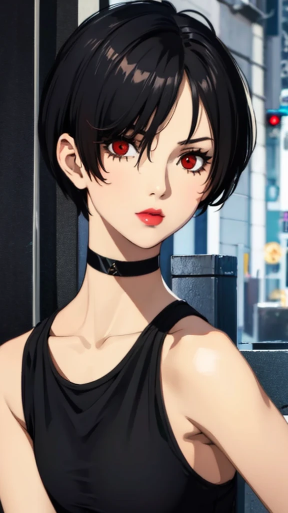 1 girl, milf, Red eyes, very Short hair, hair over one eye, black choker, lipstick, sad, black hair, tomboy Pixie haircut, tomboy Pixie haircut, tank top, huge breast, portrait, perfect body