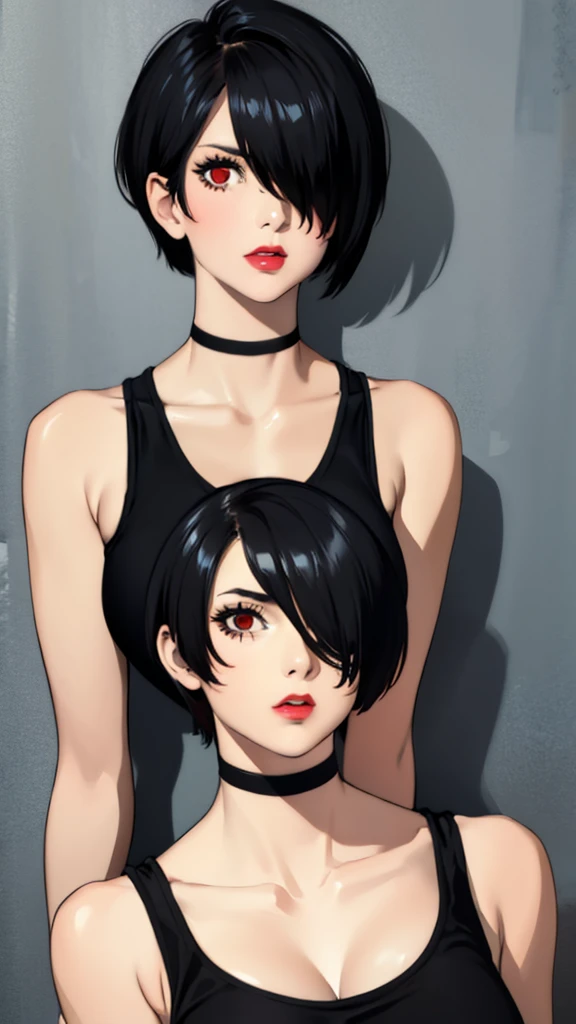 1 girl, milf, Red eyes, very Short hair, hair over one eye, black choker, lipstick, sad, black hair, tomboy Pixie haircut, tomboy Pixie haircut, tank top, huge breast, portrait, perfect body