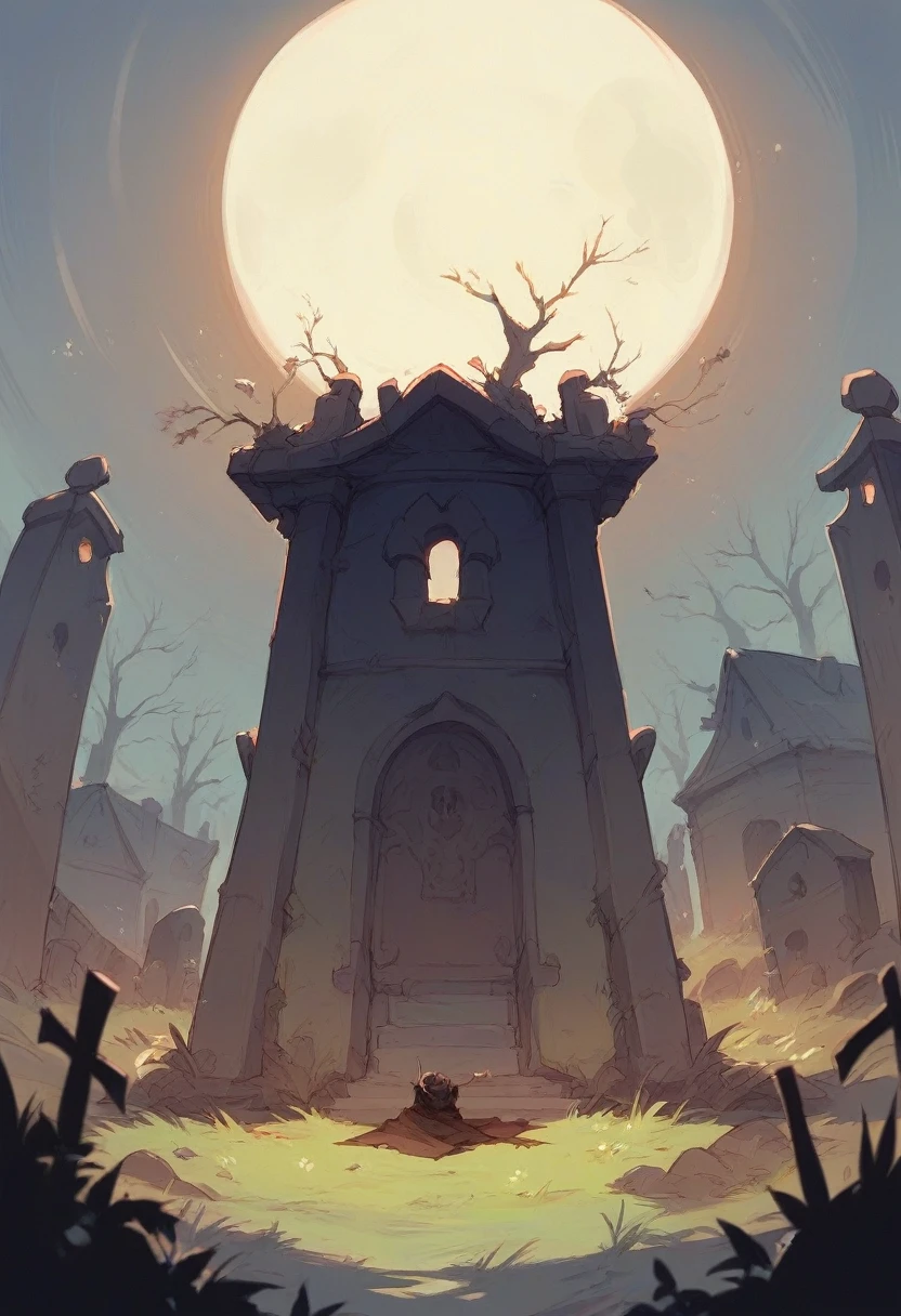 Vamperella in a cemetery at night with bats in the background 