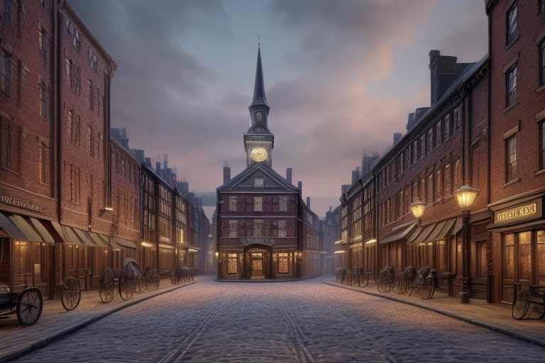 a provincial town in the 19th century, crossroads street, a bar, a hotel, (best quality,4k,8k,highres,masterpiece:1.2),ultra-detailed,(realistic,photorealistic,photo-realistic:1.37),detailed architecture, cobblestone streets, brick buildings, wood buildings, ornate facades, steam locomobiles