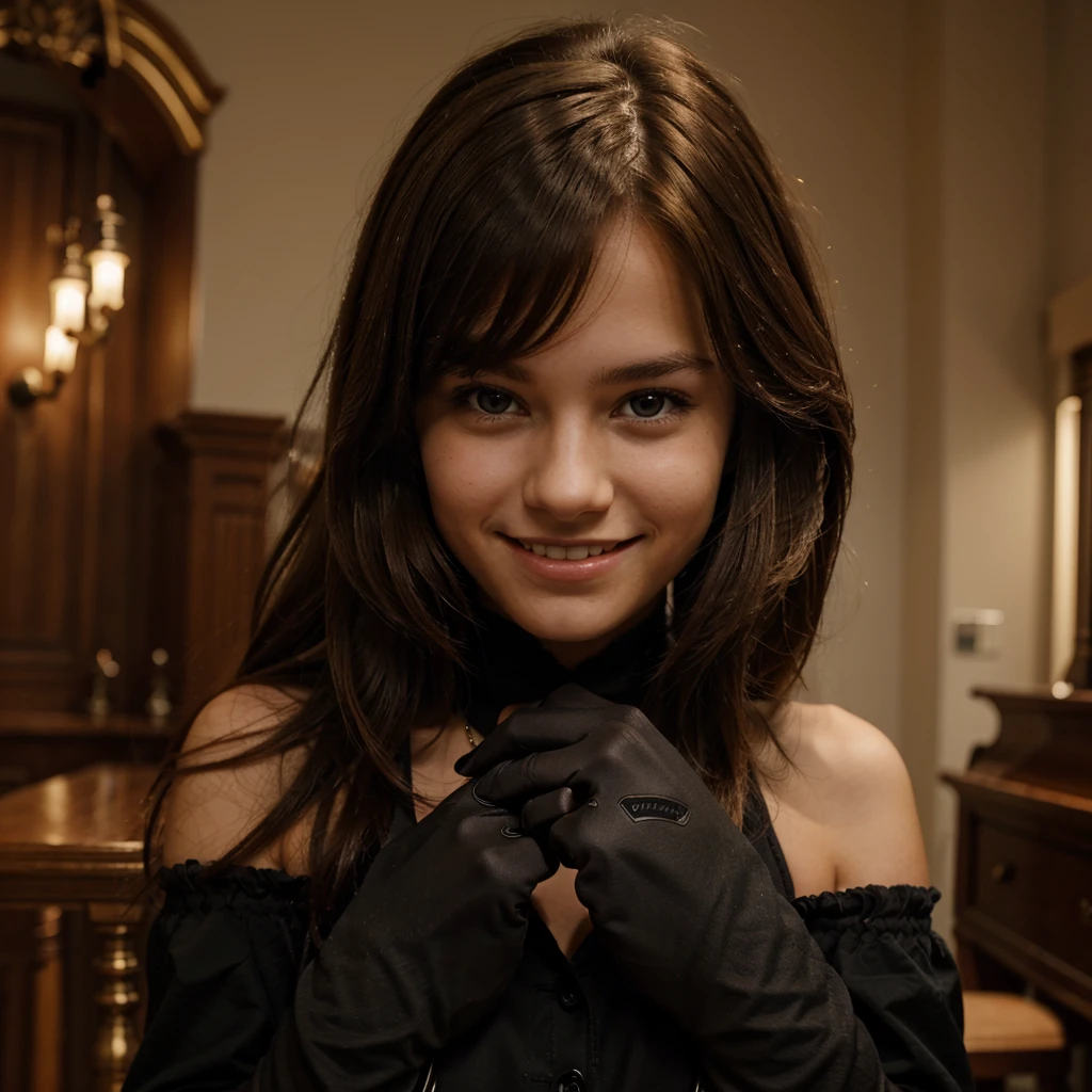 A young brown-haired teenager, with an evil smile with long black gloves 