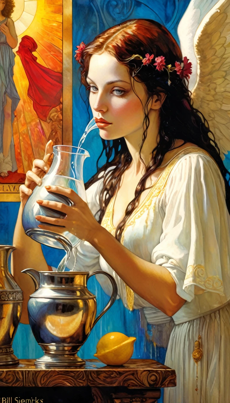 (tarot card,temperance,angelic woman,woman pouring water from a jug,alone,detailed portrait,intricate details,vivid colors,oil painting,hyperrealistic,masterpiece,high quality,8k,photorealistic,by Bill Sienkiewicz)
